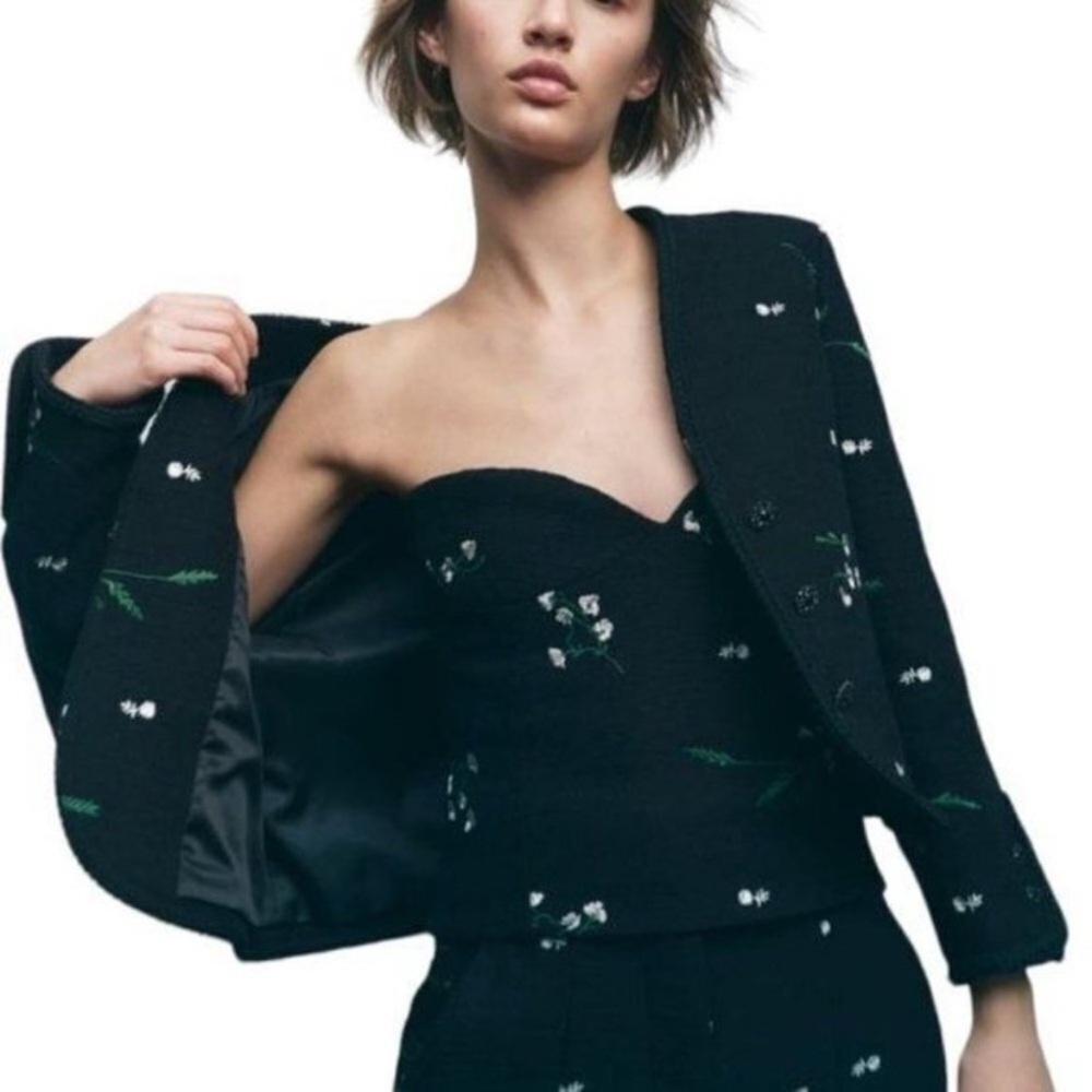 ZARA Floral Embroidered Set Blazer Pants Top